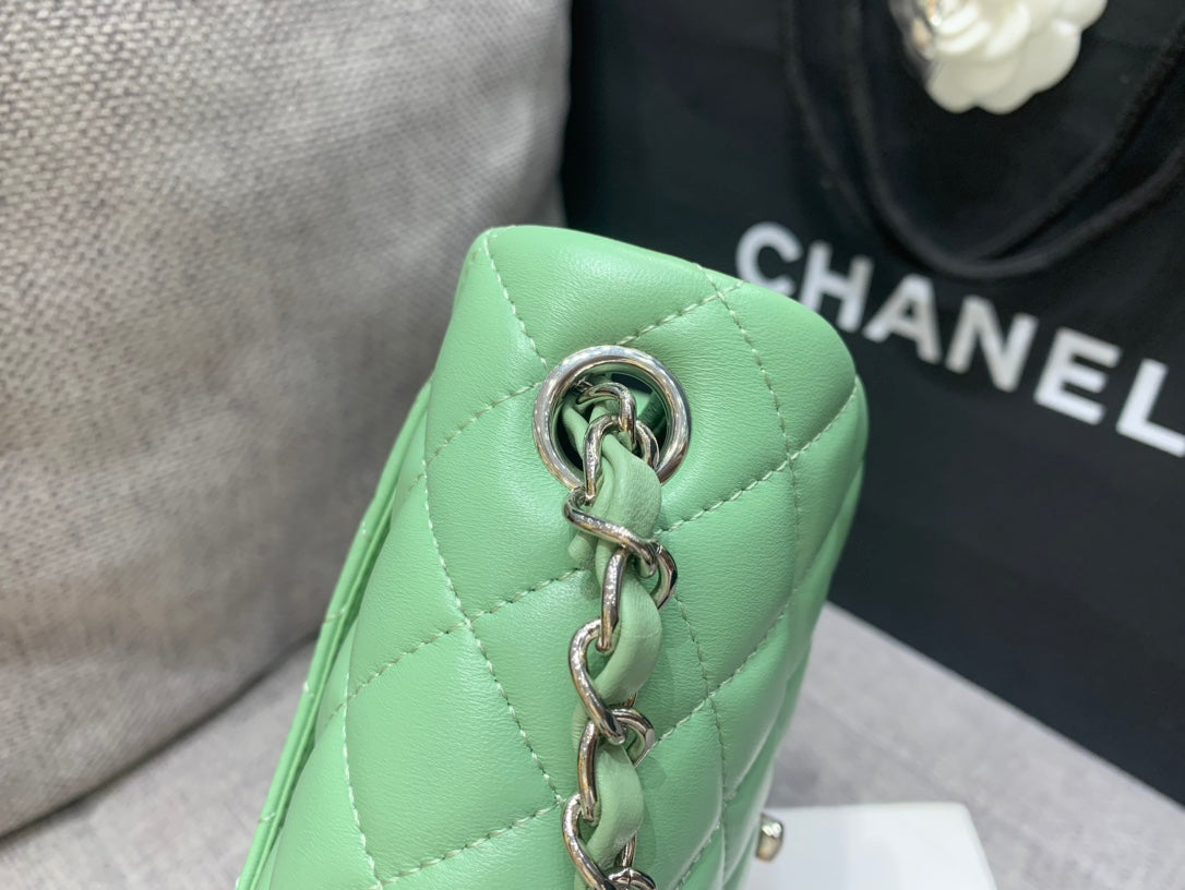 CHANEL MINI SQUARE FLAP BAG 17CM LIGHT GREEN LAMBSKIN SILVER HARDWARE