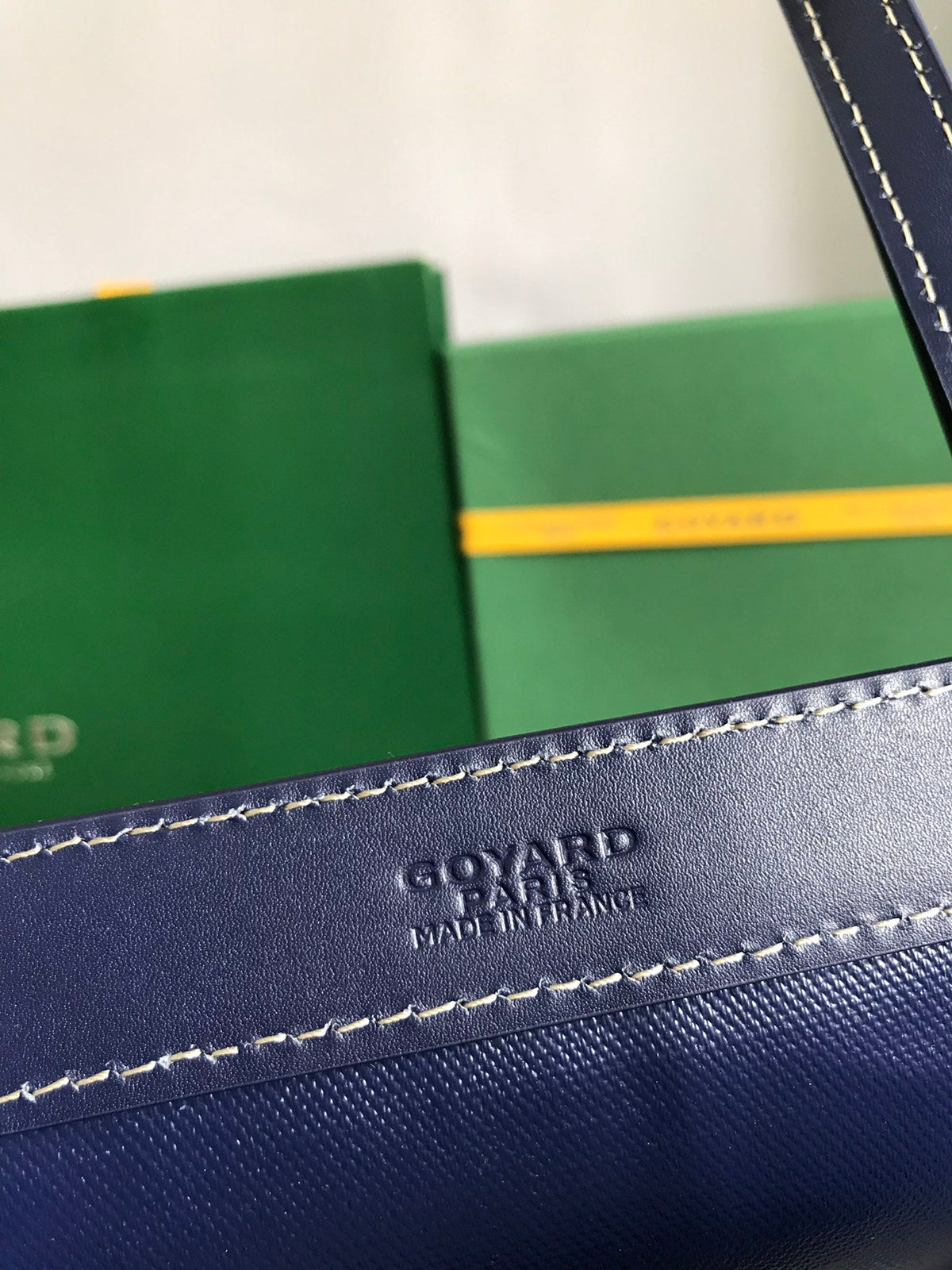 BELLECHASSE BIAUDE PM BAG 36 IN NAVY BLUE GOYARDINE CANVAS AND CALFSKIN TRIM
