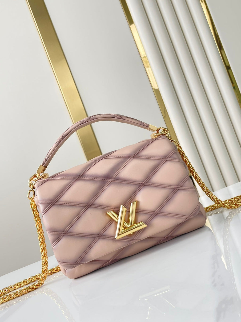 LOUIS VUITTON GO-14 MM 23 IN LIGHT PINK QUILTED LAMBSKIN GOLD HARDWRE