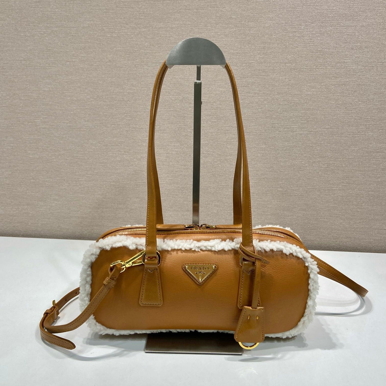 PRADA TOP HANDLE BAG 27 IN BRONZE BROWN SHEEPSKIN AND SHEARLING TRIM