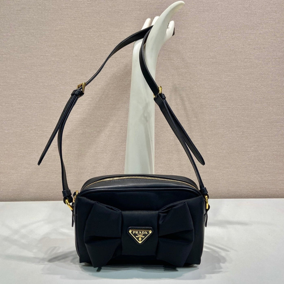 PRADA BOW BAG 18 IN BLACK RE-NYLON AND LAMBSKIN