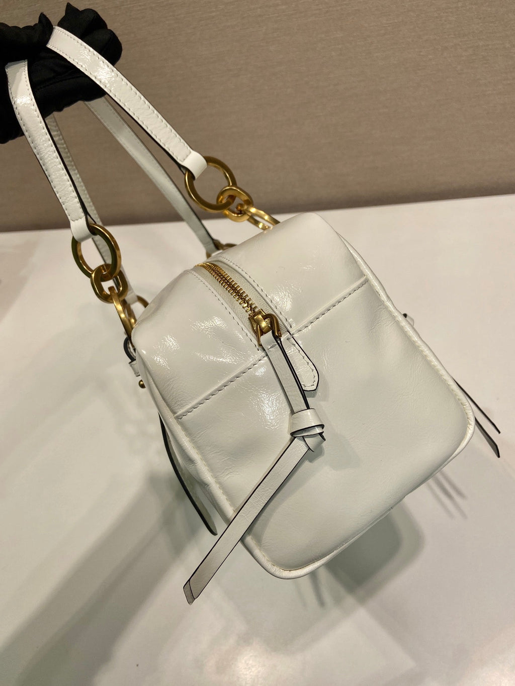 PRADA LARGE RECTANGULAR BAG 30 IN WHITE OIL WAX LAMBSKIN GOLD HARDWARE