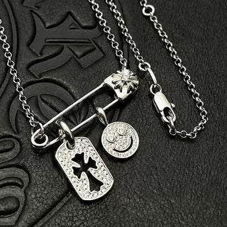 Chrome Hearts Silver Tag Smiley Face Diamond-Inlaid Pin Necklace