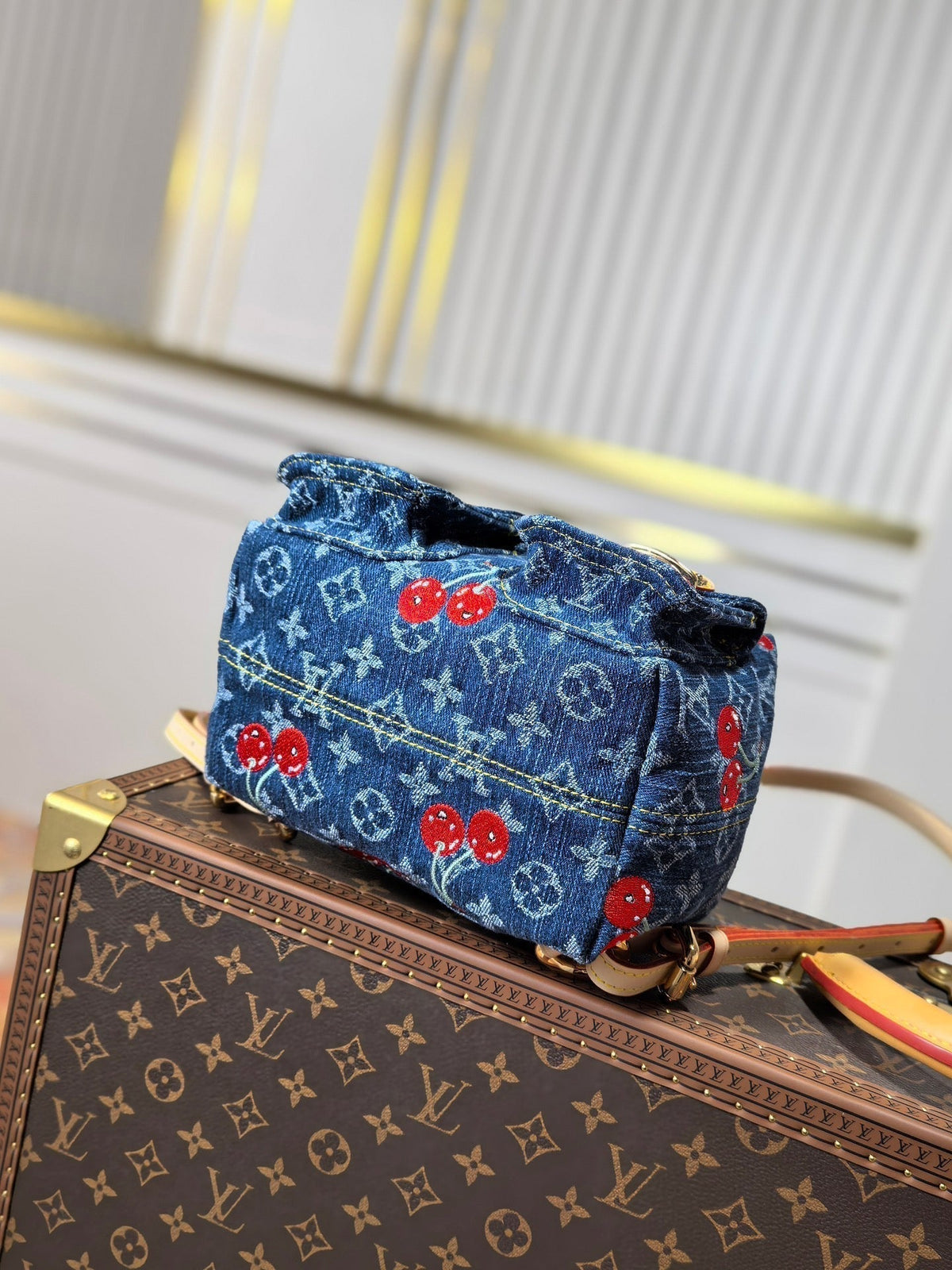 LOUIS VUITTON LV 25S VENICE BACKPACK 26 IN BLUE DENIM MONOGRAM CHERRY GOLD HARDWARE