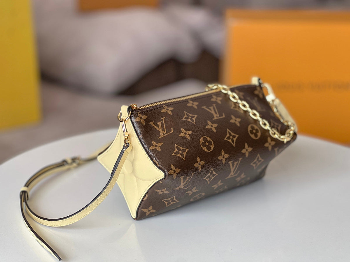LOUIS VUITTON BLOOM POUCH 22 IN BROWN MONOGRAM CANVAS AND PASTEL YELLOW CALFSKIN SIDES