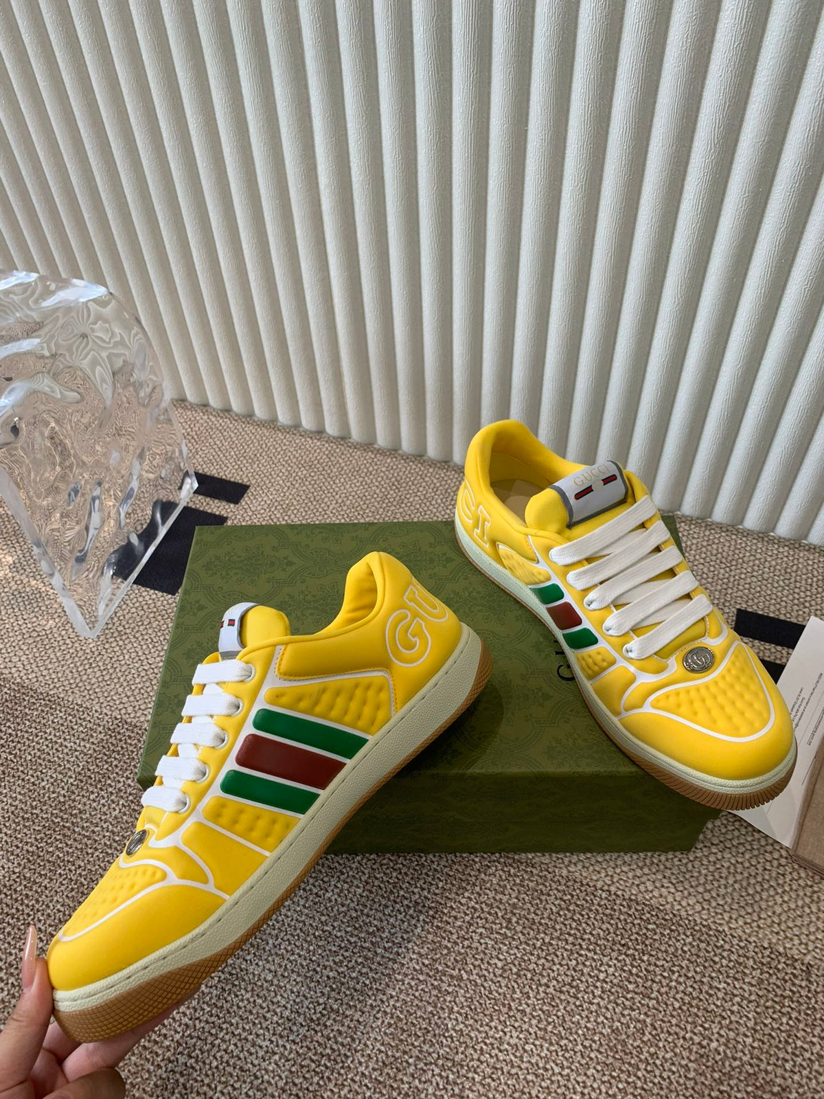 GUCCI SCREENER SNEAKER WITH WEB LEMON CALFSKIN