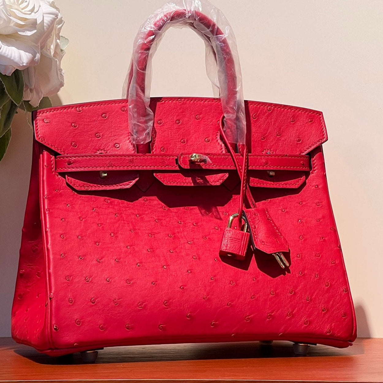 HERMES KELLY SELLIER 25 BAG IN CLASSIC RED OSTRICH LEATHER WITH GOLD HARDWARE