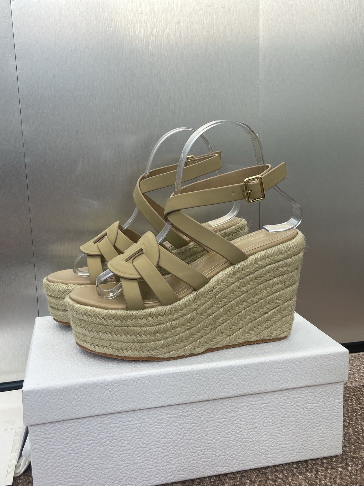 DIOR D-CLUB 25S HIGH HEEL WEDGE 100MM IN GOLDEN BEIGE CALFSKIN RAFFIA SOLE
